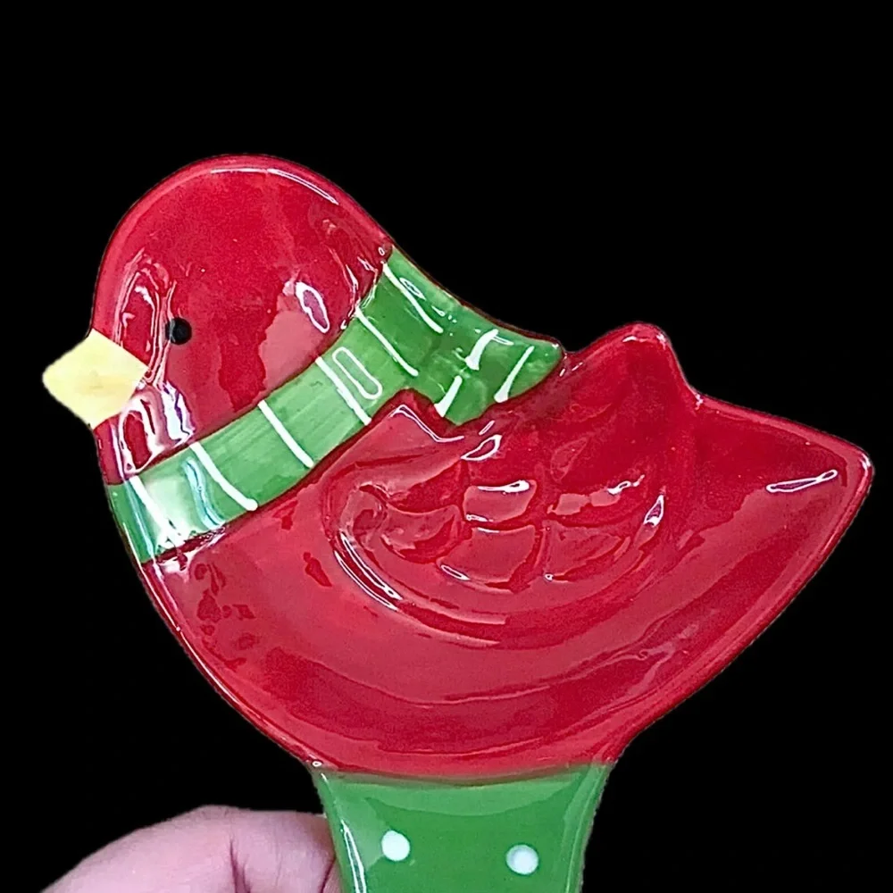 Pier 1 Cardinal Spoon Rest Red Green White Polka Dots Christmas Holiday Twee